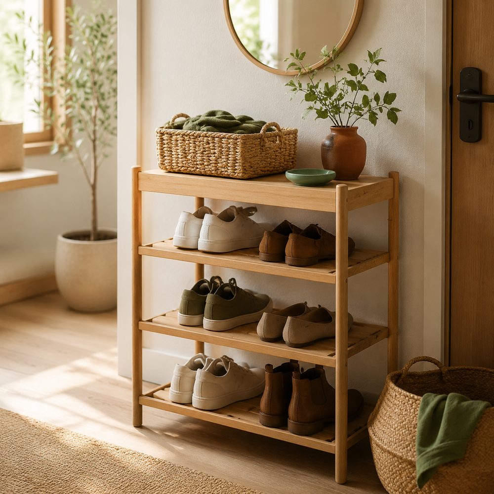 A tidy small-space entryway with a light-oak shoe rack, woven basket and plants